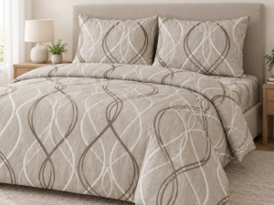 Lastikli Çarşaflı Nevresim Takımı, Tek Kişilik, Polycotton, Kahverengi Desenli, 53 Tel*